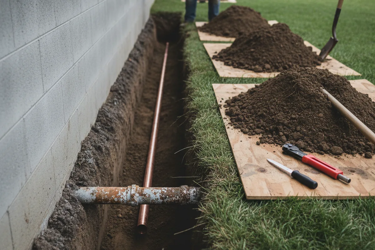 Excavated water line trench during Water Heater Repair in Harveysburg